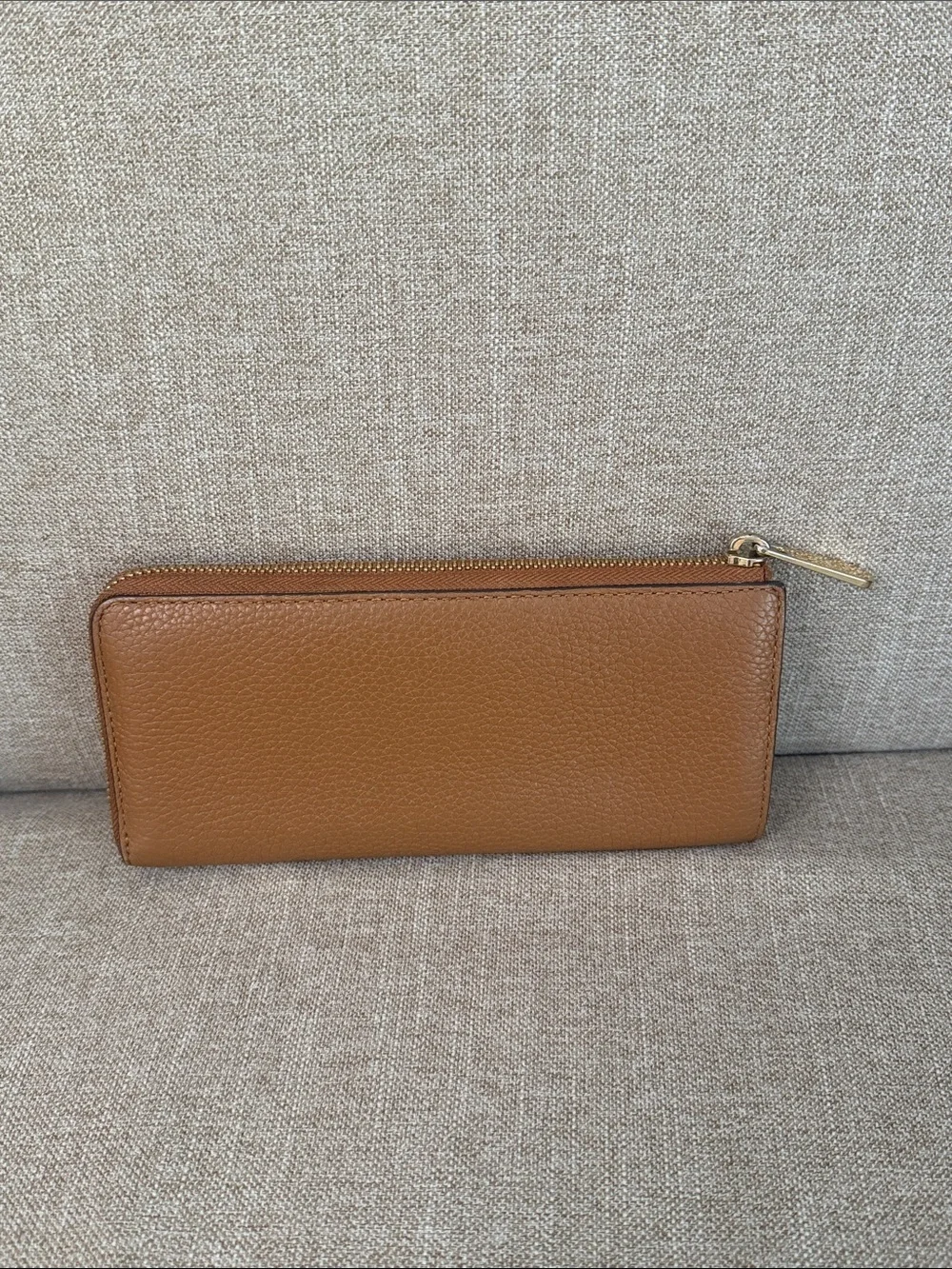 MICHAEL KORS Caramel Brown Pebbled Leather Zip Wallet with Gold Hardware